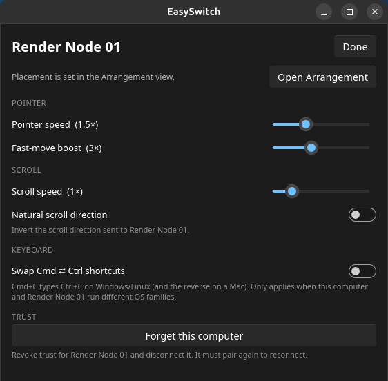 Settings for one computer, Render Node 01: sliders for pointer speed (1.5×), fast-move boost (3×) and scroll speed (1×), switches for natural scroll direction and swapping Cmd and Ctrl shortcuts, and a 'Forget this computer' button that revokes trust.