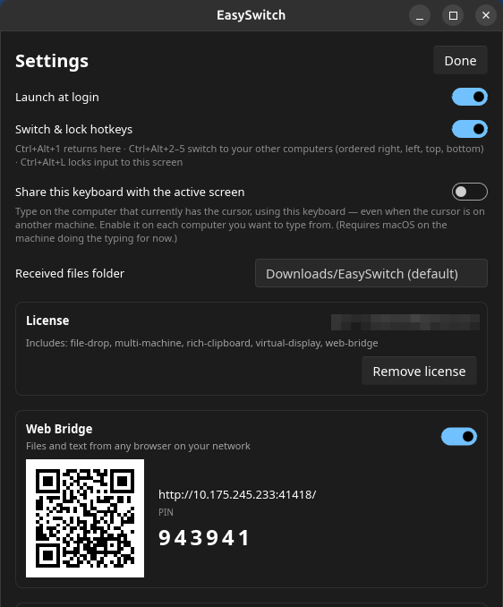 The Settings window: switches for launch at login, the switch-and-lock hotkeys and sharing this keyboard with the active screen; a received-files folder; a License card for a Pro key with the email blurred; and a Web Bridge card showing a QR code, a local network address and a six-digit PIN.